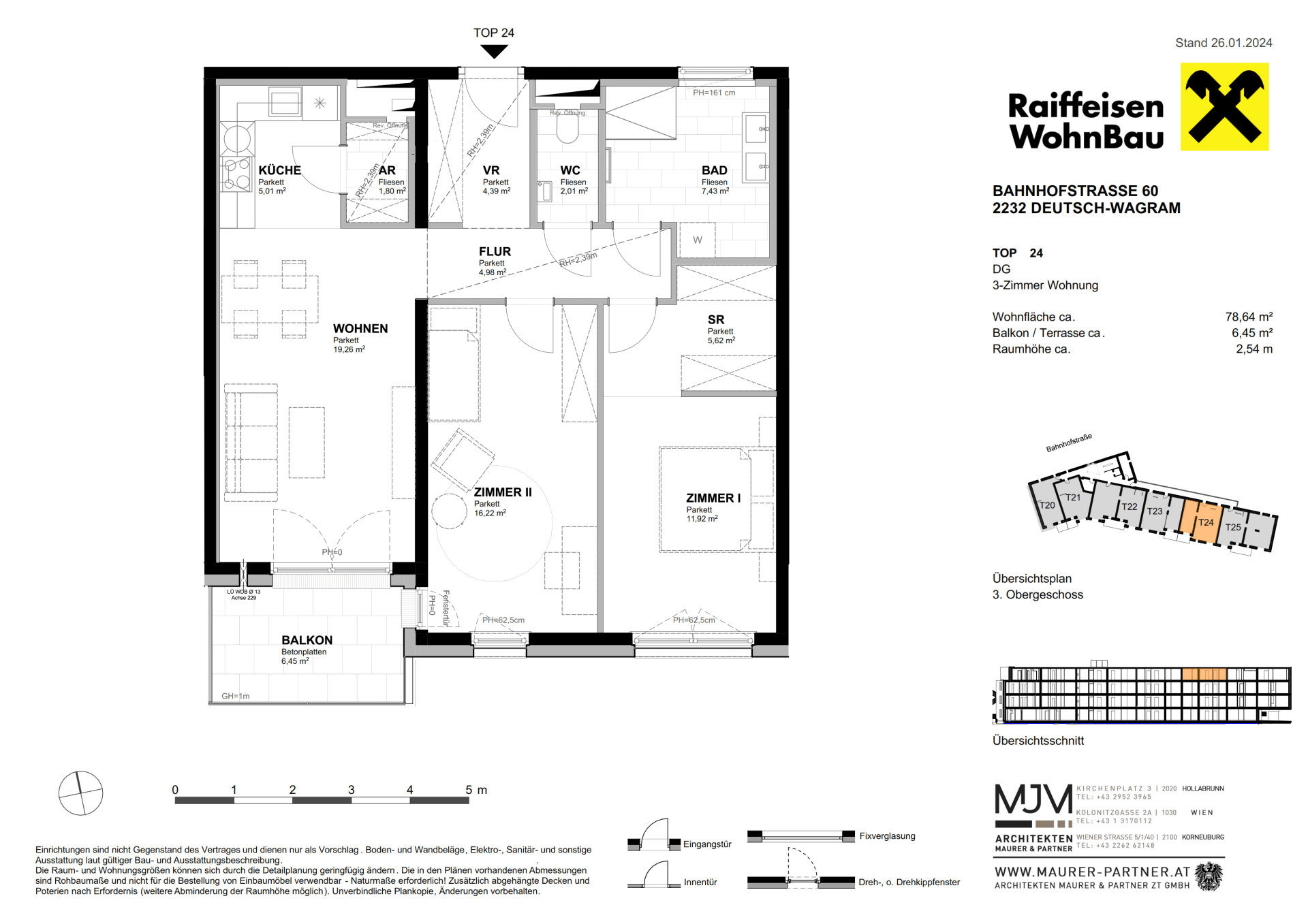 Grundriss einer 3-Zimmer-Wohnung mit Balkon, separatem WC und offenem Wohnbereich.