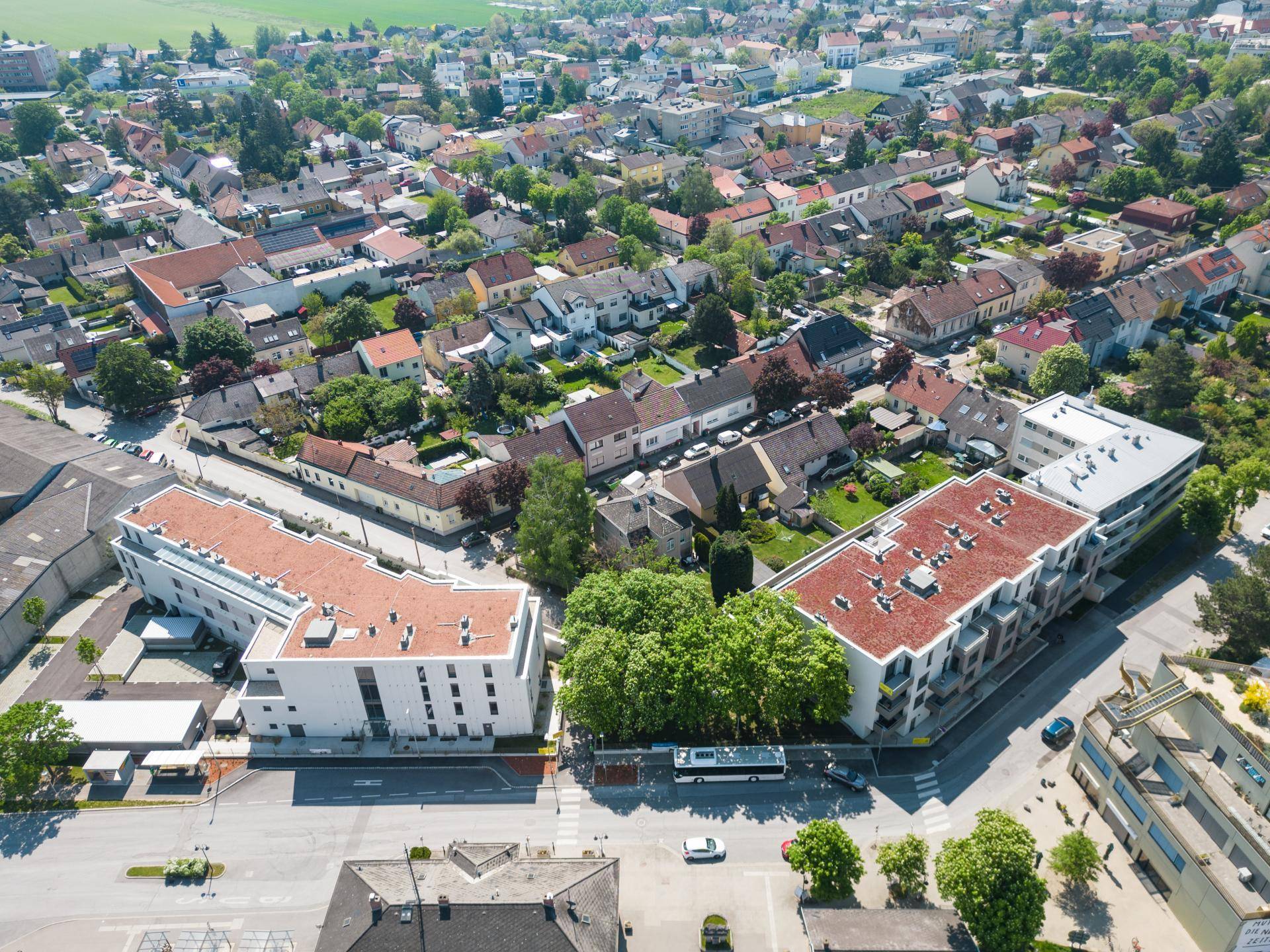 Luftaufnahme einer Wohnsiedlung mit neuen Gebäuden und viel Grün in ländlicher Umgebung.