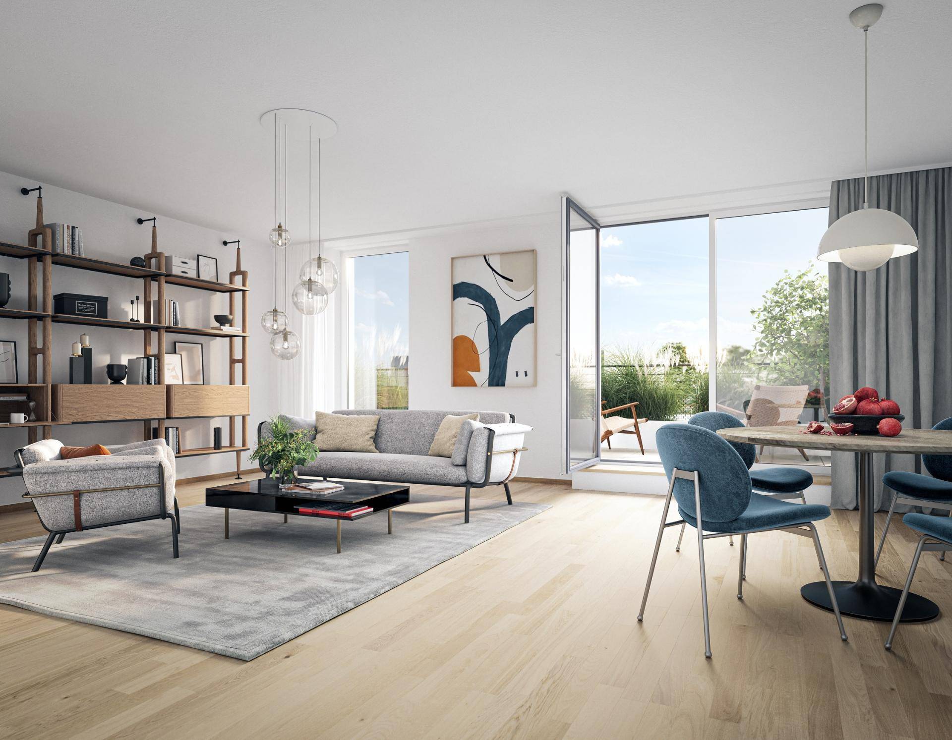 Heller, modern eingerichteter Wohn- und Essbereich mit Holzboden und Zugang zum Balkon.