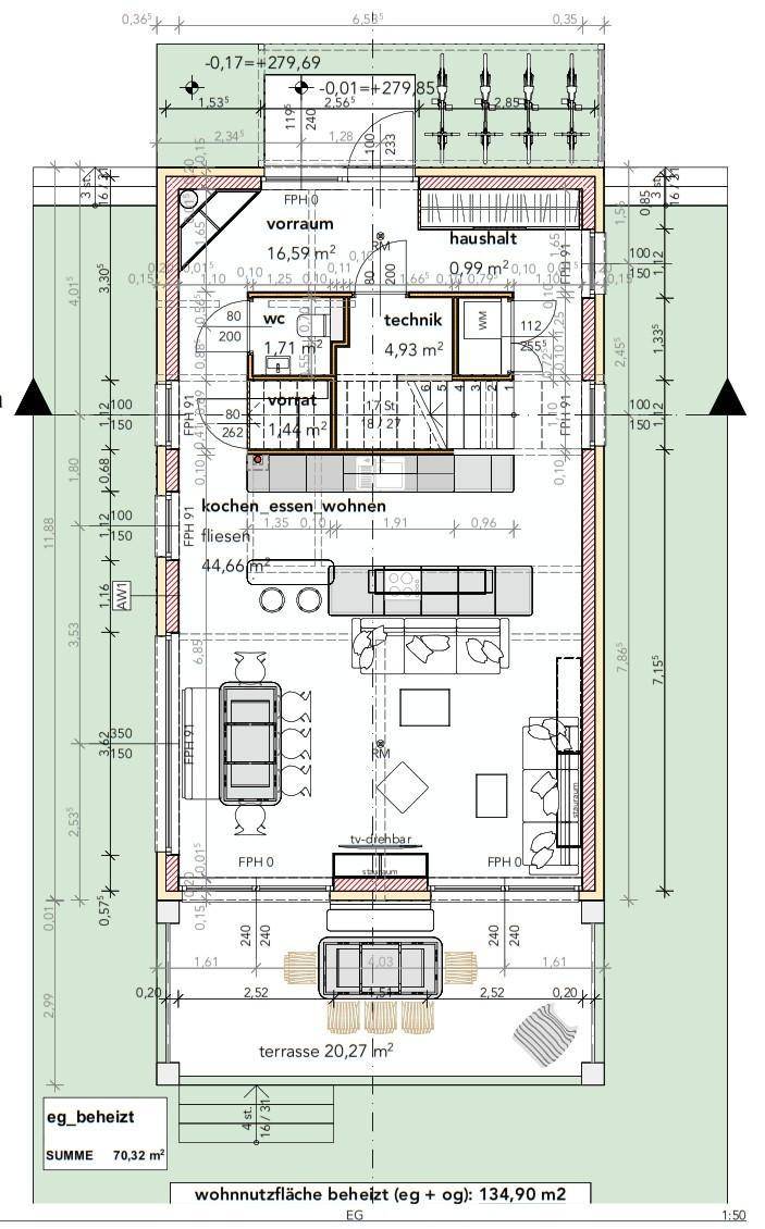 Grundriss des Erdgeschosses mit offenem Wohn-Essbereich, Küche und großer Terrasse.