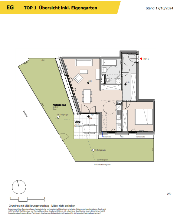 Übersichtlicher Grundriss einer Erdgeschosswohnung mit großem Privatgarten und Terrasse.