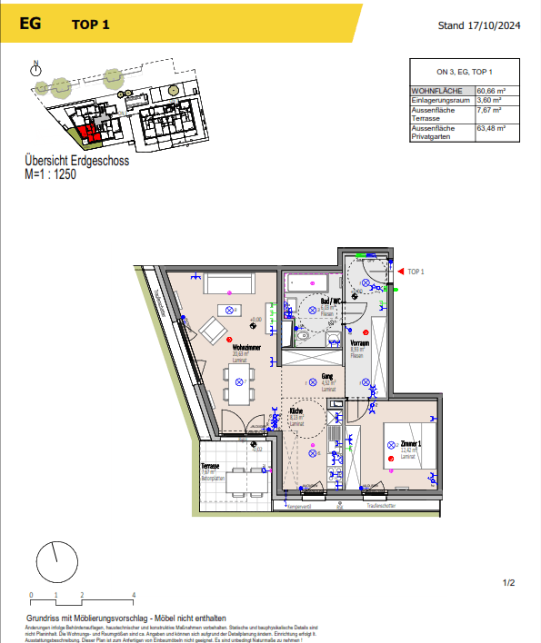 Grundriss einer Erdgeschosswohnung mit Terrasse, Privatgarten und offenem Wohn-Essbereich.