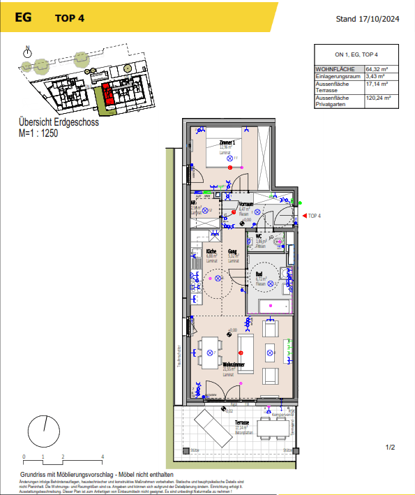Grundriss des Erdgeschosses mit offenem Wohnbereich, Terrasse und Privatgarten.