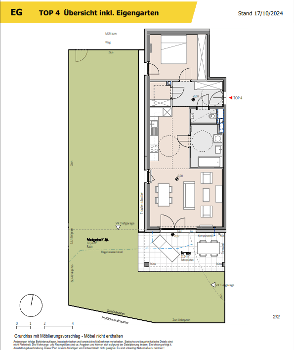 Detaillierter Grundriss des Erdgeschosses mit großem Privatgarten und Terrasse.