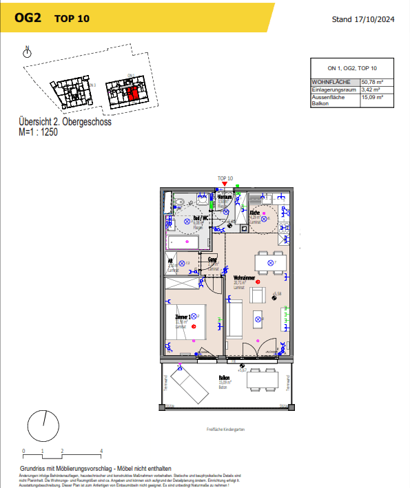Detaillierter Grundriss der Wohnung im Obergeschoss mit Balkon und offener Wohnküche.