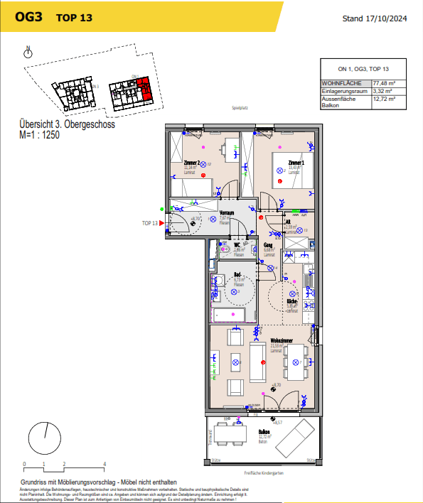 Detaillierter Grundriss einer Wohnung im Obergeschoss mit drei Zimmern und Balkon.
