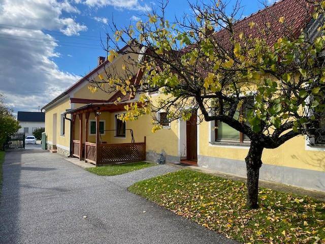 Seitenansicht des Hauses mit Zufahrt, Herbstbaum und überdachter Terrasse.