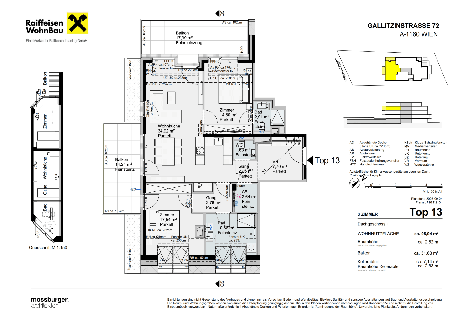 Detaillierter Grundriss der Dachgeschosswohnung Top 13 mit Balkonen und drei Zimmern.