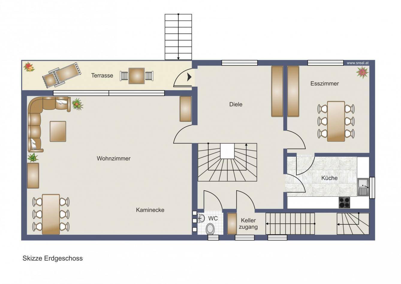 Grundriss des Erdgeschosses mit Wohnzimmer, Esszimmer, Küche und Terrasse.