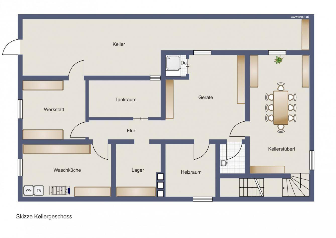 Grundriss des Kellergeschosses mit Werkstatt, Lagerraum und Heizraum.