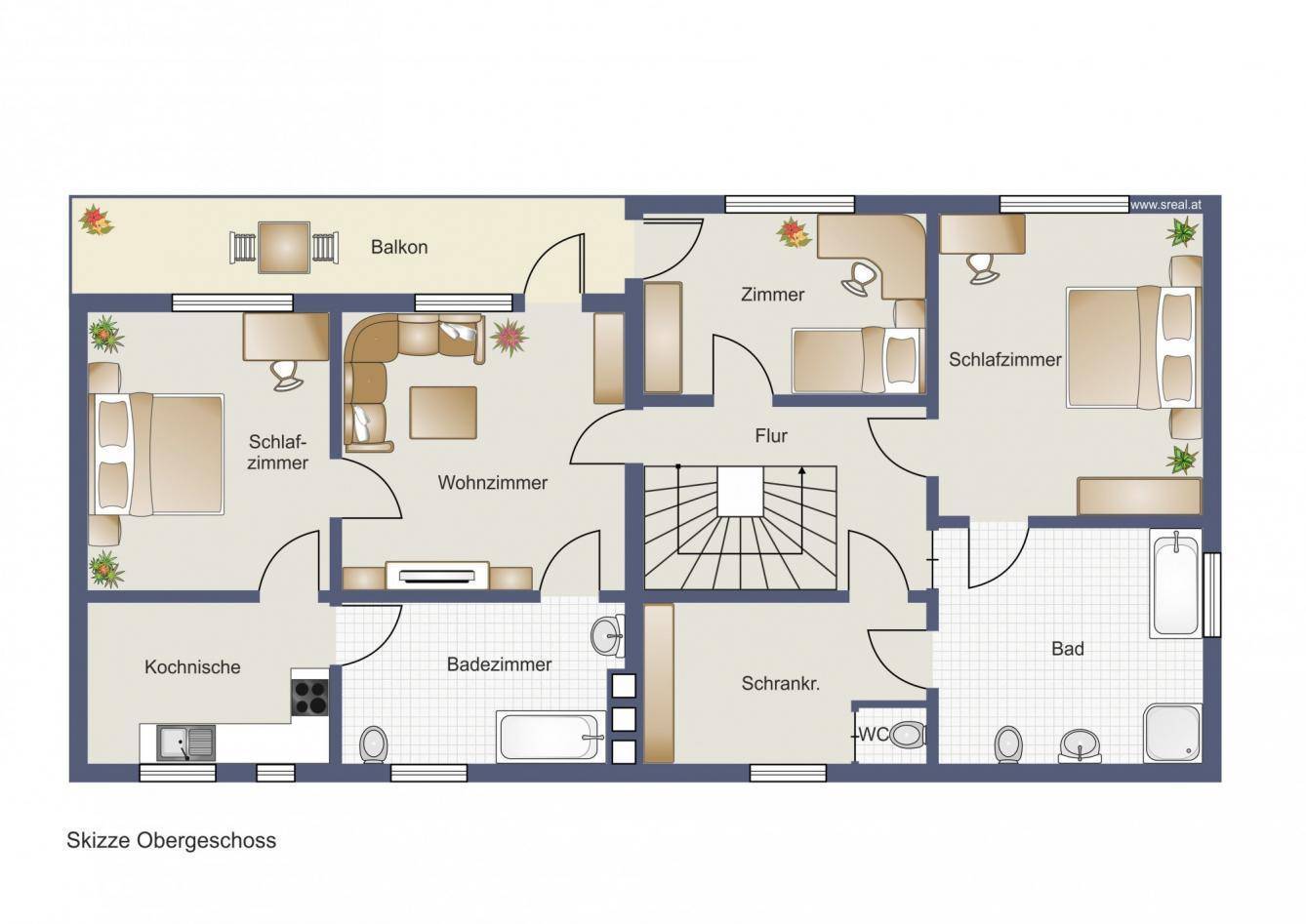Grundriss des Obergeschosses mit Schlafzimmern, Wohnzimmer, Badezimmern und Balkon.