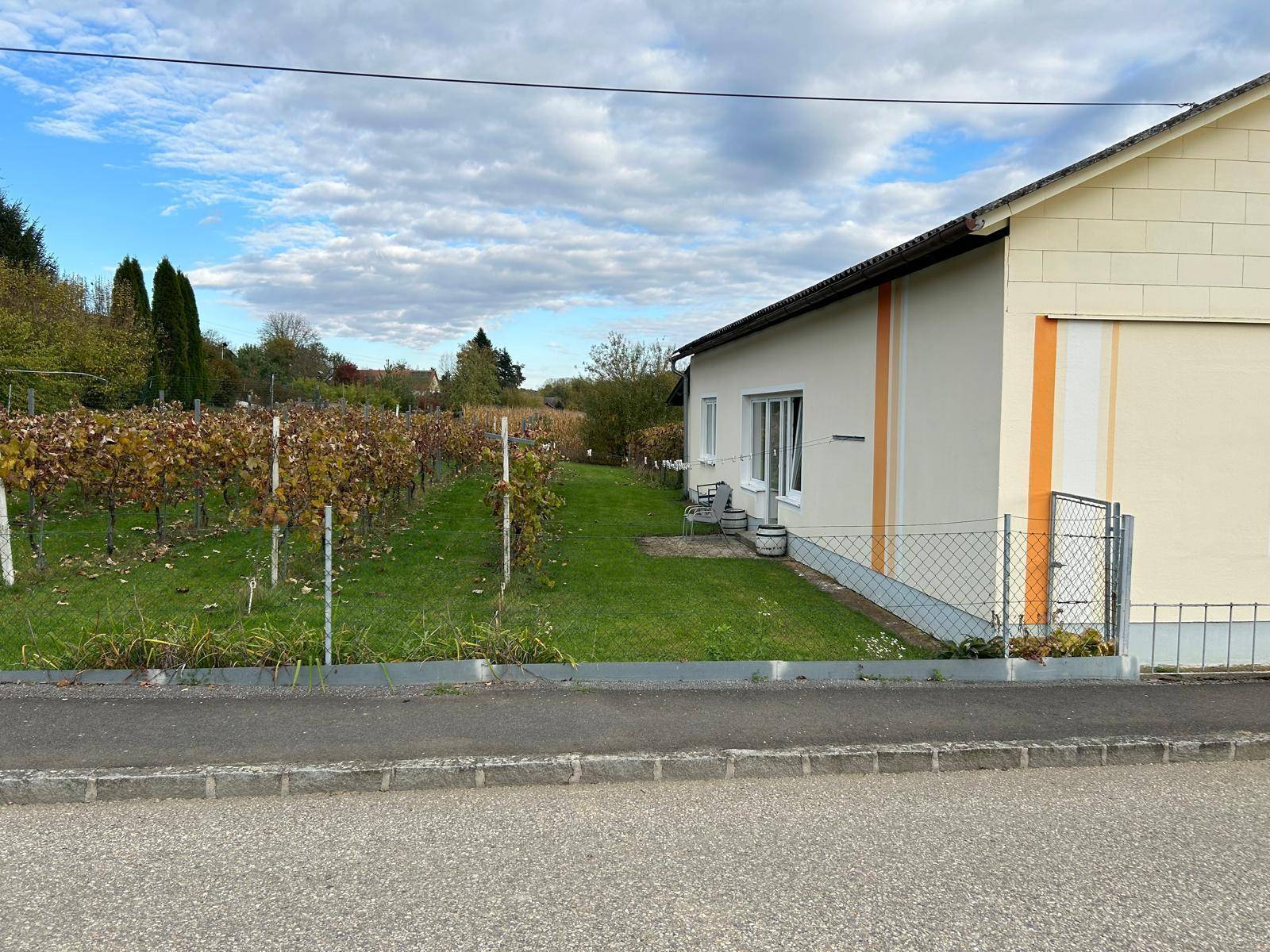Seitenansicht des Hauses mit angrenzendem Weinberg in herbstlichen Farben.