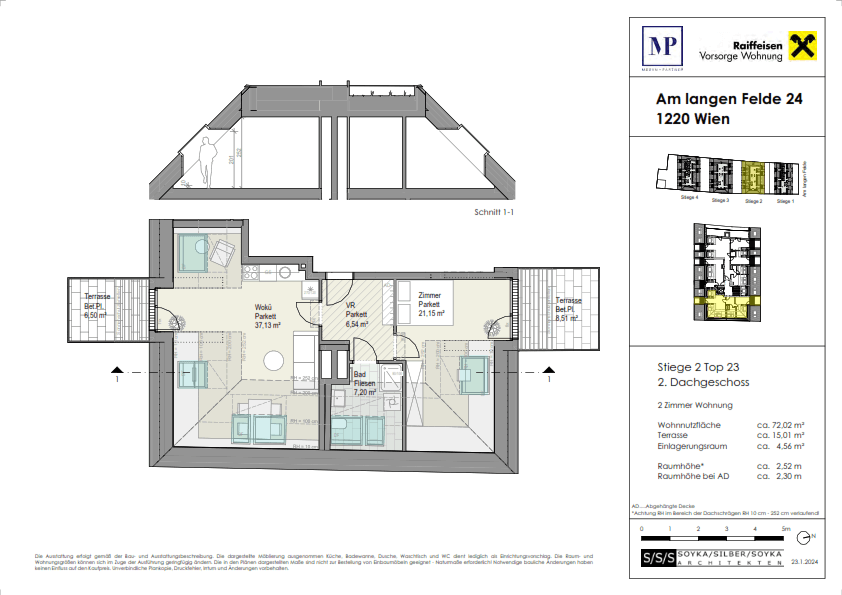 Grundriss einer 2-Zimmer-Wohnung im Dachgeschoss mit zwei Terrassen und Parkettboden.