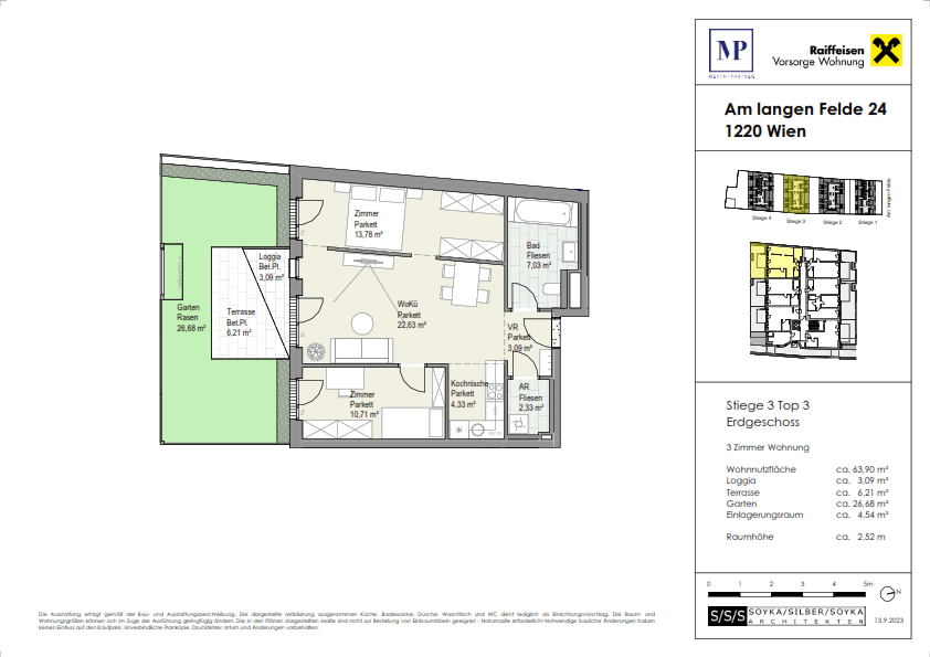 Grundriss einer 3-Zimmer-Wohnung im Erdgeschoss mit Terrasse, Loggia und Gartenanteil.