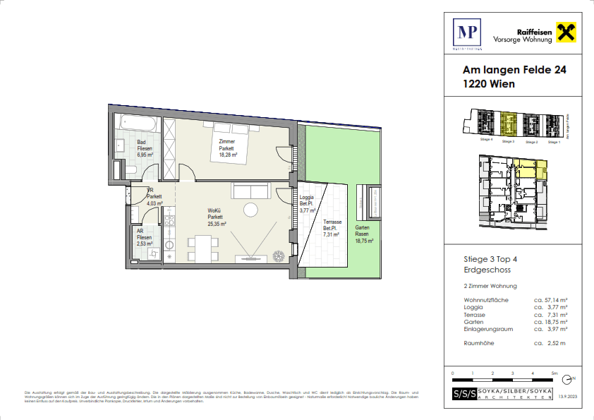 Grundriss einer Erdgeschosswohnung mit offenem Wohnbereich, Loggia, Terrasse und Garten.