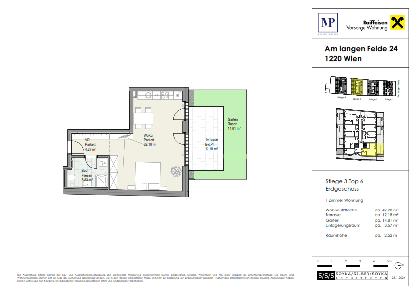 Grundriss einer Erdgeschosswohnung mit offenem Wohnbereich, Terrasse und privatem Garten.
