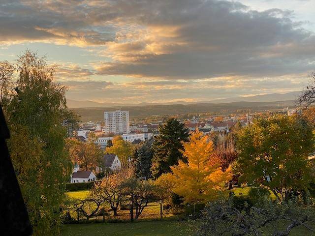 Panoramablick über eine Stadt mit herbstlichen Bäumen und Bergen im Hintergrund bei Sonnenuntergang.