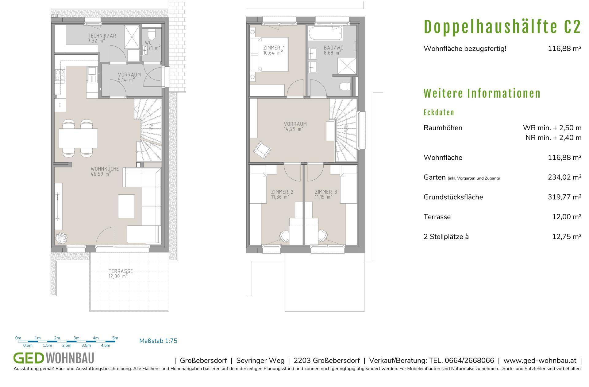 Detaillierter Grundriss einer Doppelhaushälfte mit offener Wohnküche, drei Zimmern und Terrasse.