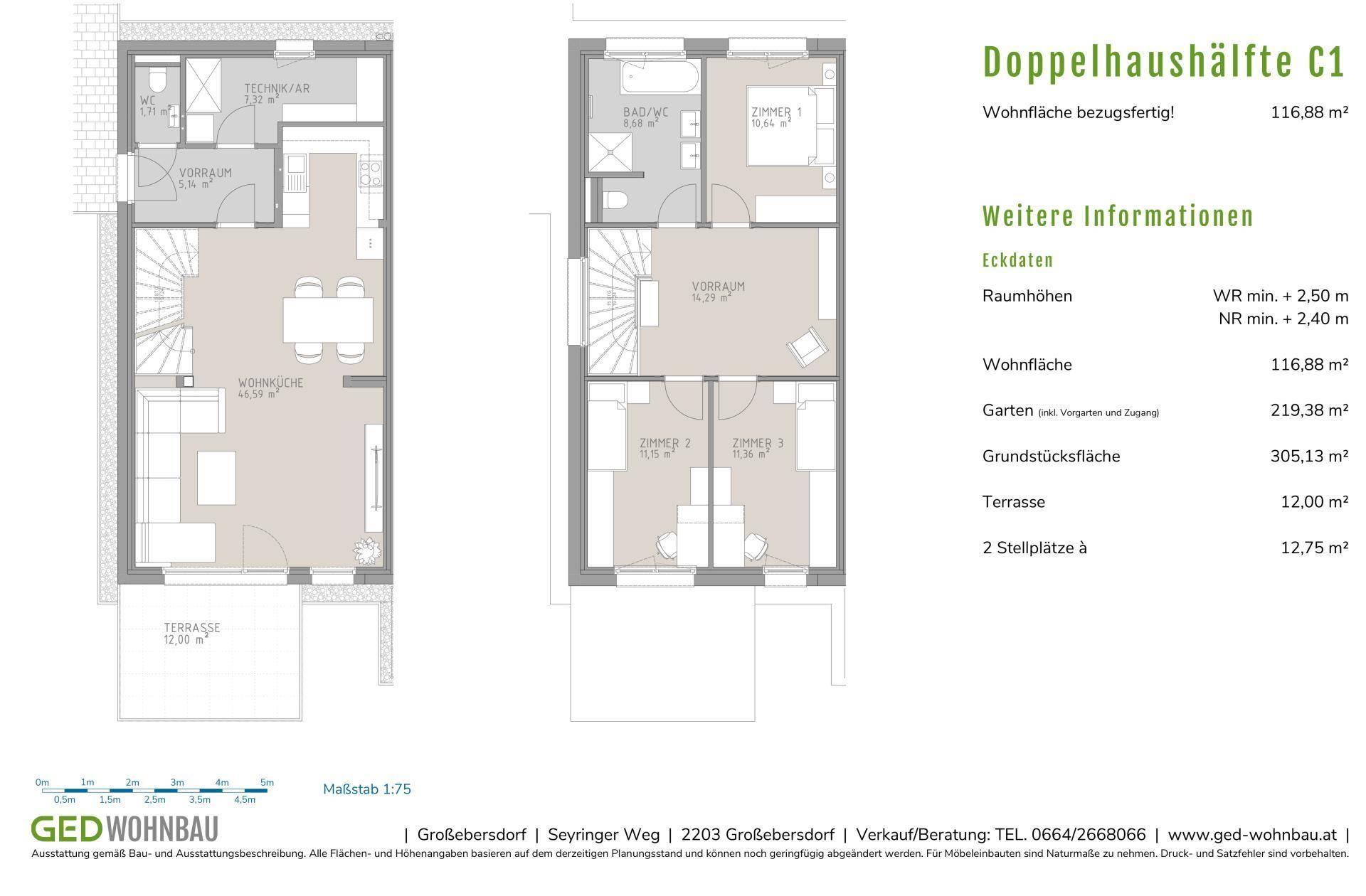Grundriss der Doppelhaushälfte C1 mit zwei Etagen und detaillierten Flächenangaben.