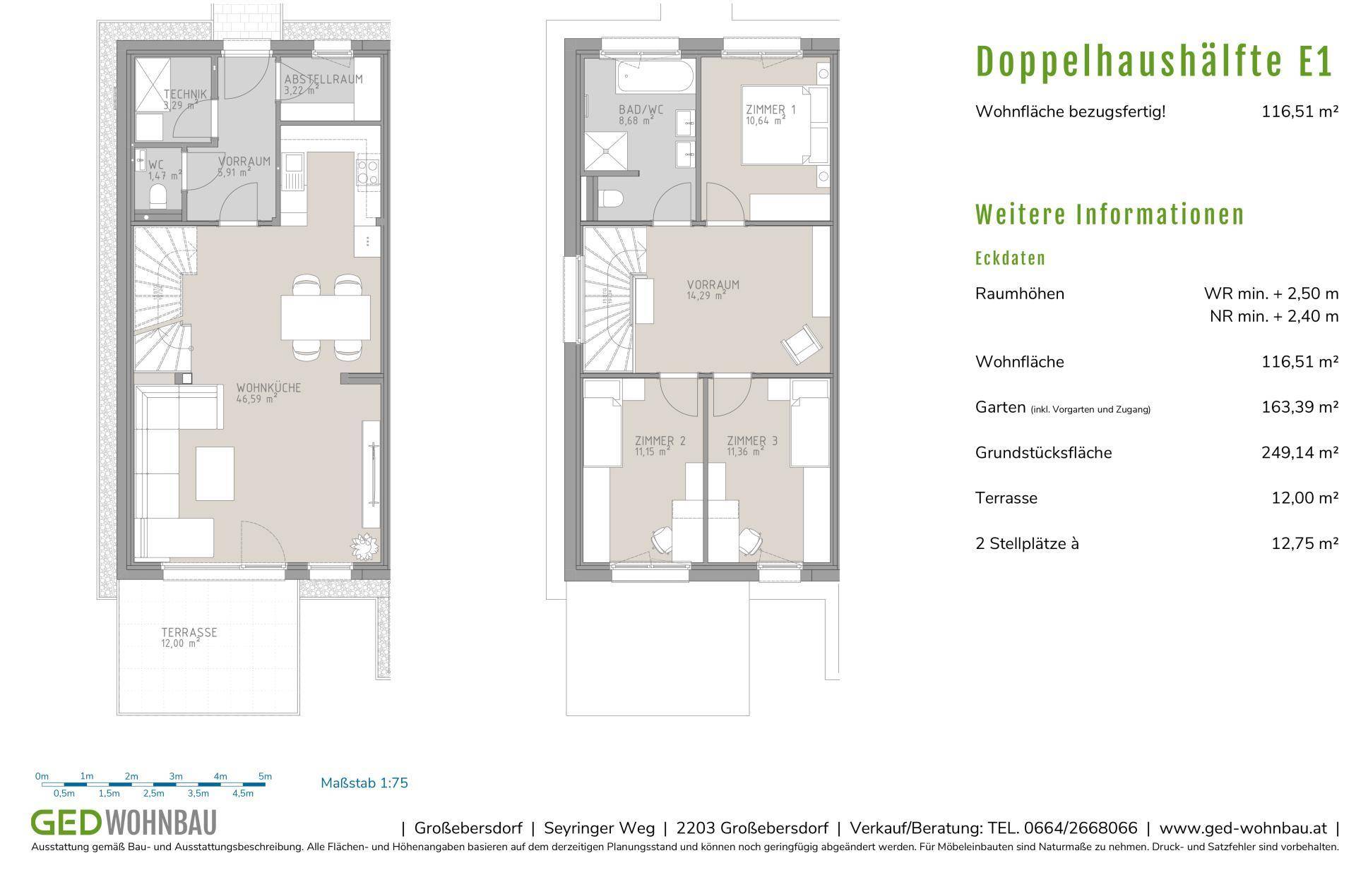 Detaillierter Grundriss einer Doppelhaushälfte mit zwei Etagen und Terrasse.
