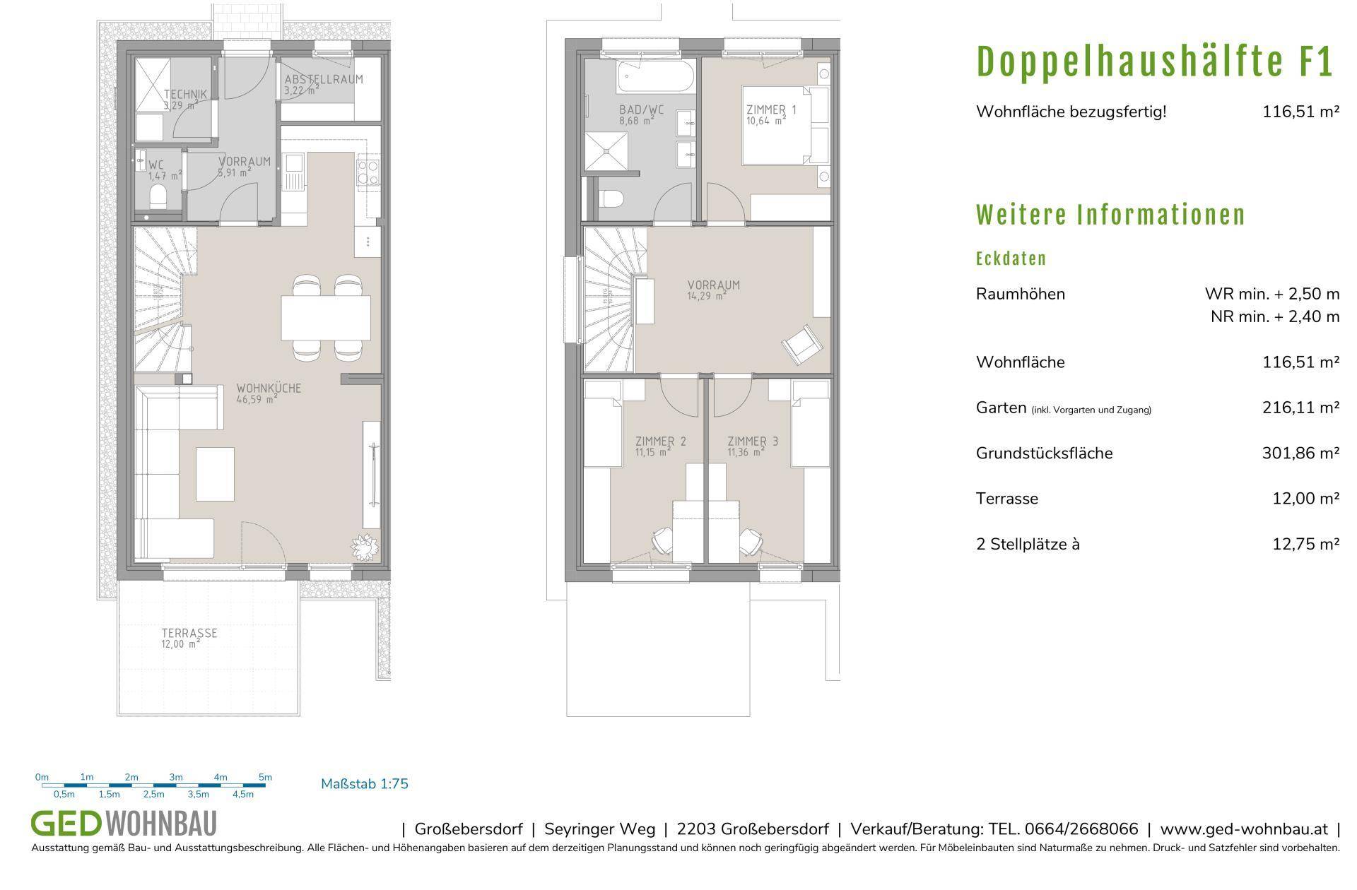 Detaillierter Grundriss einer Doppelhaushälfte mit zwei Etagen und Terrasse.