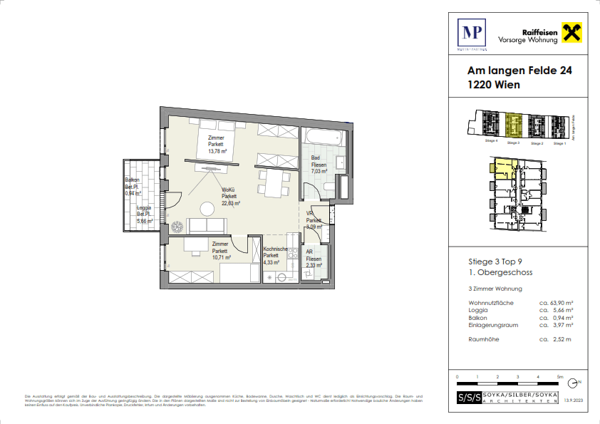 Grundriss einer 3-Zimmer-Wohnung im Obergeschoss mit Balkon und Loggia.