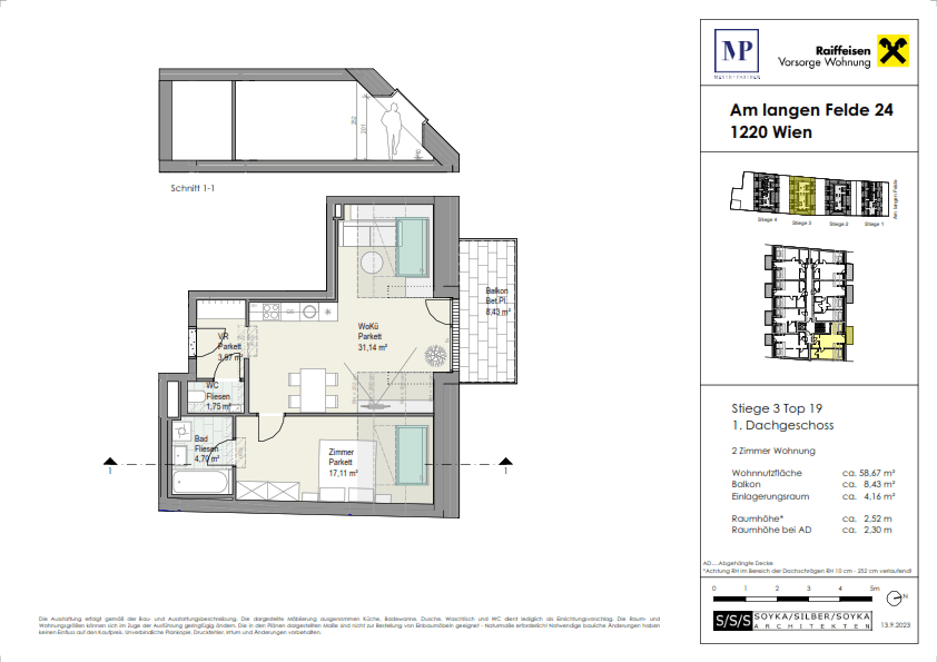 Detaillierter Grundriss einer Dachgeschosswohnung mit Balkon und Raumaufteilung.
