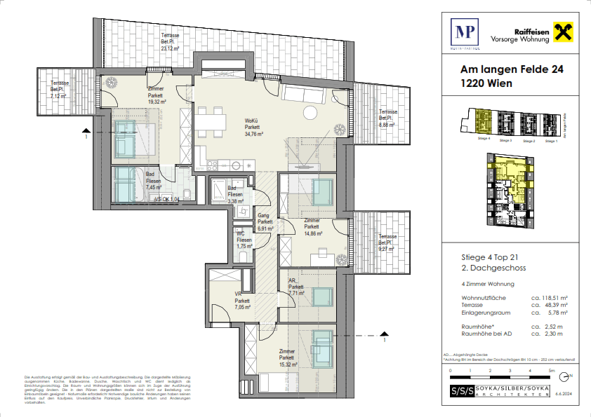 Detaillierter Grundriss einer 4-Zimmer-Wohnung im Dachgeschoss mit mehreren Terrassen.