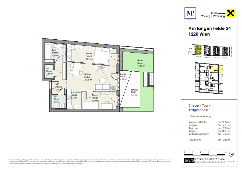 Grundriss einer 3-Zimmer-Wohnung im Erdgeschoss mit Garten, Terrasse und Loggia.