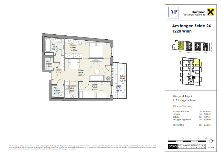 Detaillierter Grundriss einer 3-Zimmer-Wohnung im ersten Obergeschoss mit Balkon und Loggia.