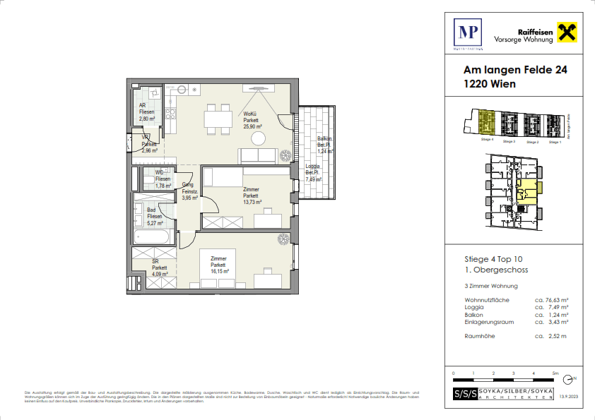 Grundriss einer 3-Zimmer-Wohnung im Obergeschoss mit offener Wohnküche, Loggia und Balkon.