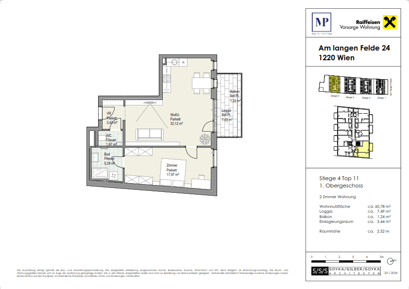 Detaillierter Grundriss einer 2-Zimmer-Wohnung mit Loggia und Balkon im Obergeschoss.