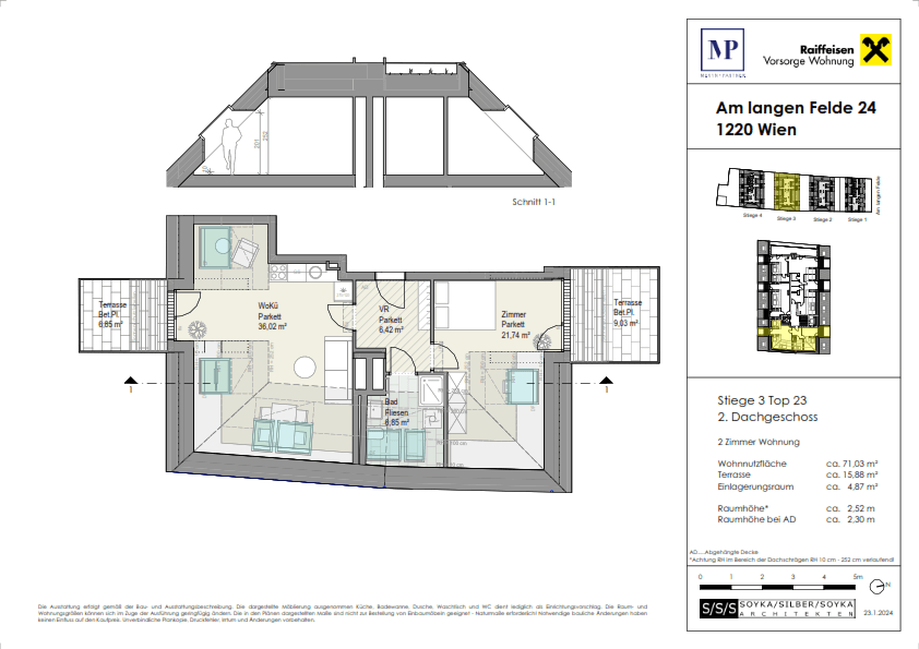 Detaillierter Grundriss einer Dachgeschosswohnung mit zwei Terrassen und offenem Wohnbereich.