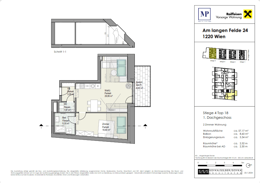 Grundriss einer Dachgeschosswohnung mit zwei Zimmern, Balkon, Bad und separatem WC.