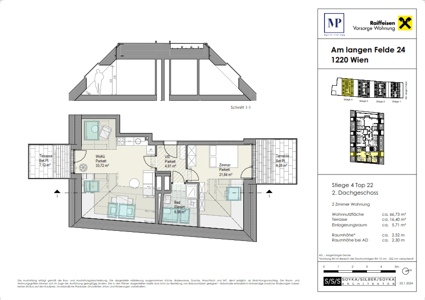 Grundriss einer 2-Zimmer-Wohnung im Dachgeschoss mit Terrasse und offenem Wohnbereich.
