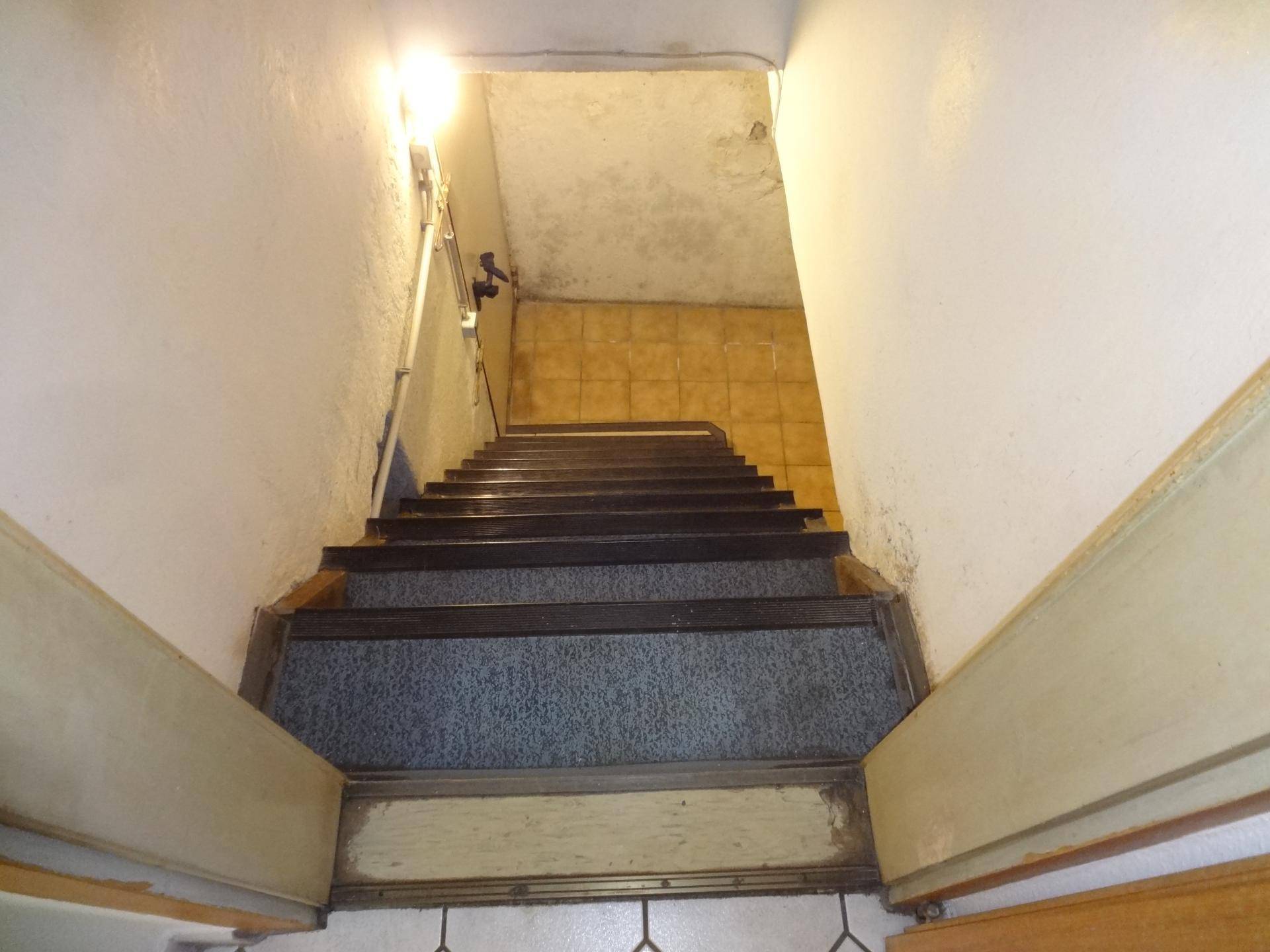 Treppenabgang in den Keller mit gefliestem Boden und einfacher Beleuchtung.