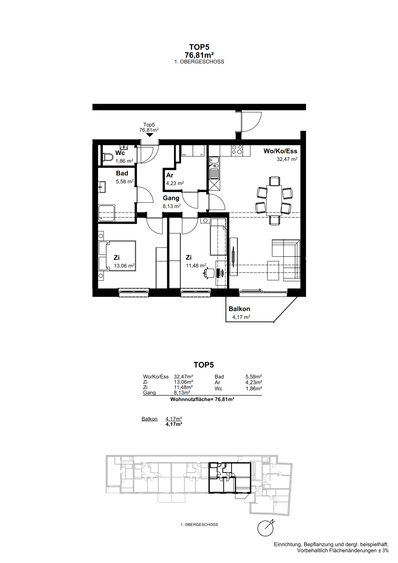 Grundriss der Wohnung TOP5 im Obergeschoss mit Balkon und offenem Wohn-/Koch-/Essbereich.