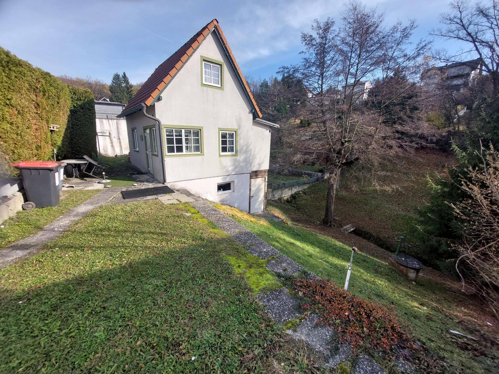Ansicht des Hauses von der Seite mit Garten und Zugang zum Untergeschoss.