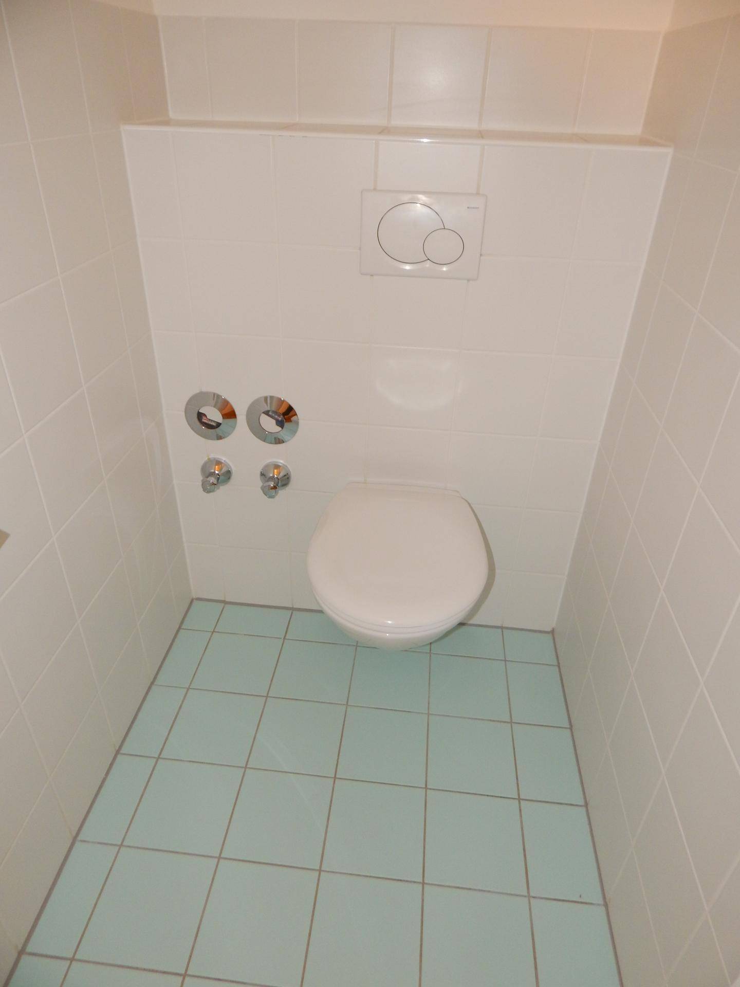 Separate Toilette mit Wand-WC und hellblauen Bodenfliesen, sauber und funktional.