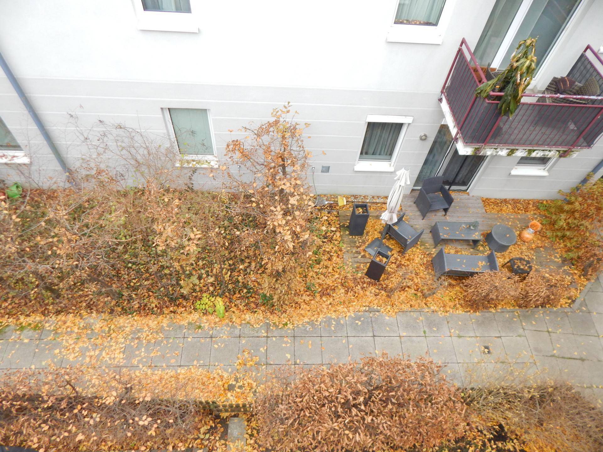 Eine möblierte Terrasse im Freien, umgeben von herbstlichem Laub und Sträuchern.