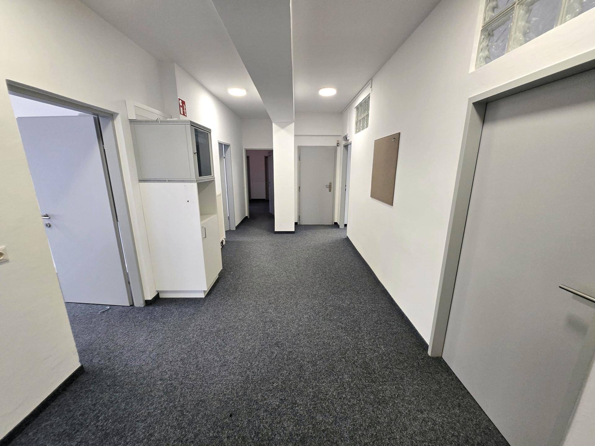 Heller Flur mit Teppichboden, weißen Wänden und mehreren Türen, der verschiedene Bereiche verbindet.