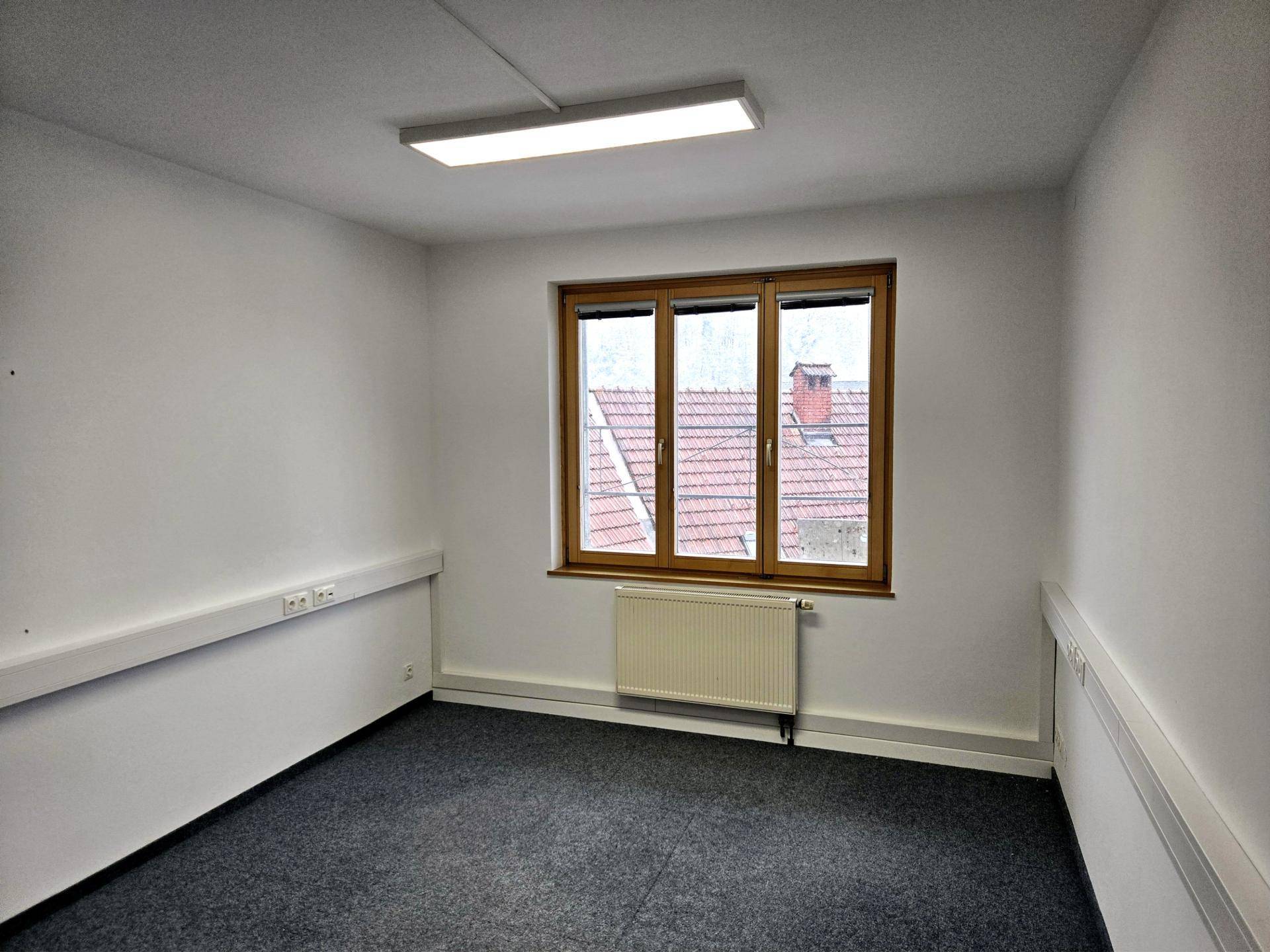 Heller Büroraum mit Teppichboden, weißen Wänden und einem Fenster mit Blick auf die umliegenden Dächer.