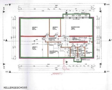 Grundriss des Kellergeschosses mit Archivräumen, Haustechnik und weiteren Nutzflächen.