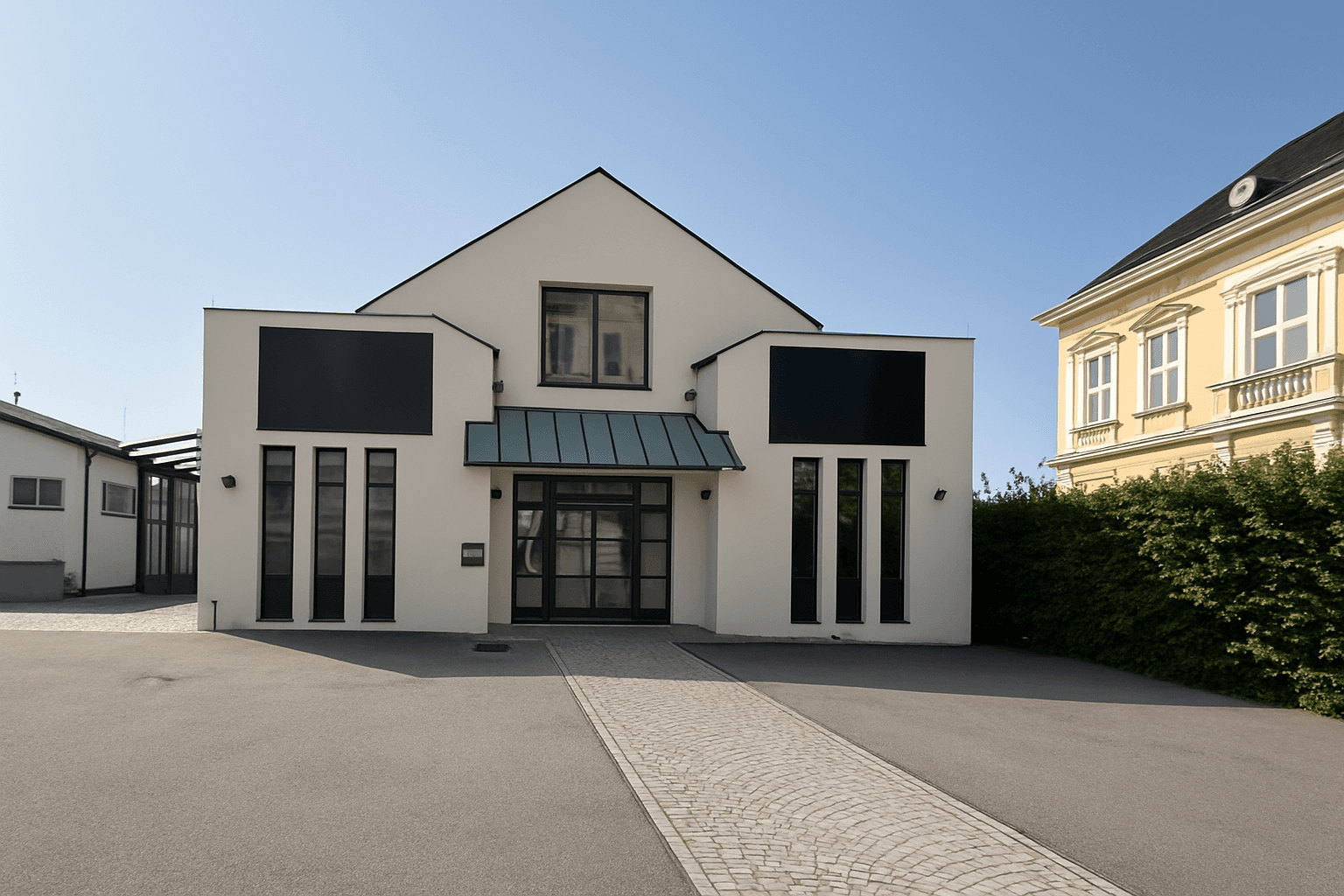 Moderne weiße Fassade eines Neubaus mit gepflastertem Eingangsbereich und klarem Himmel.