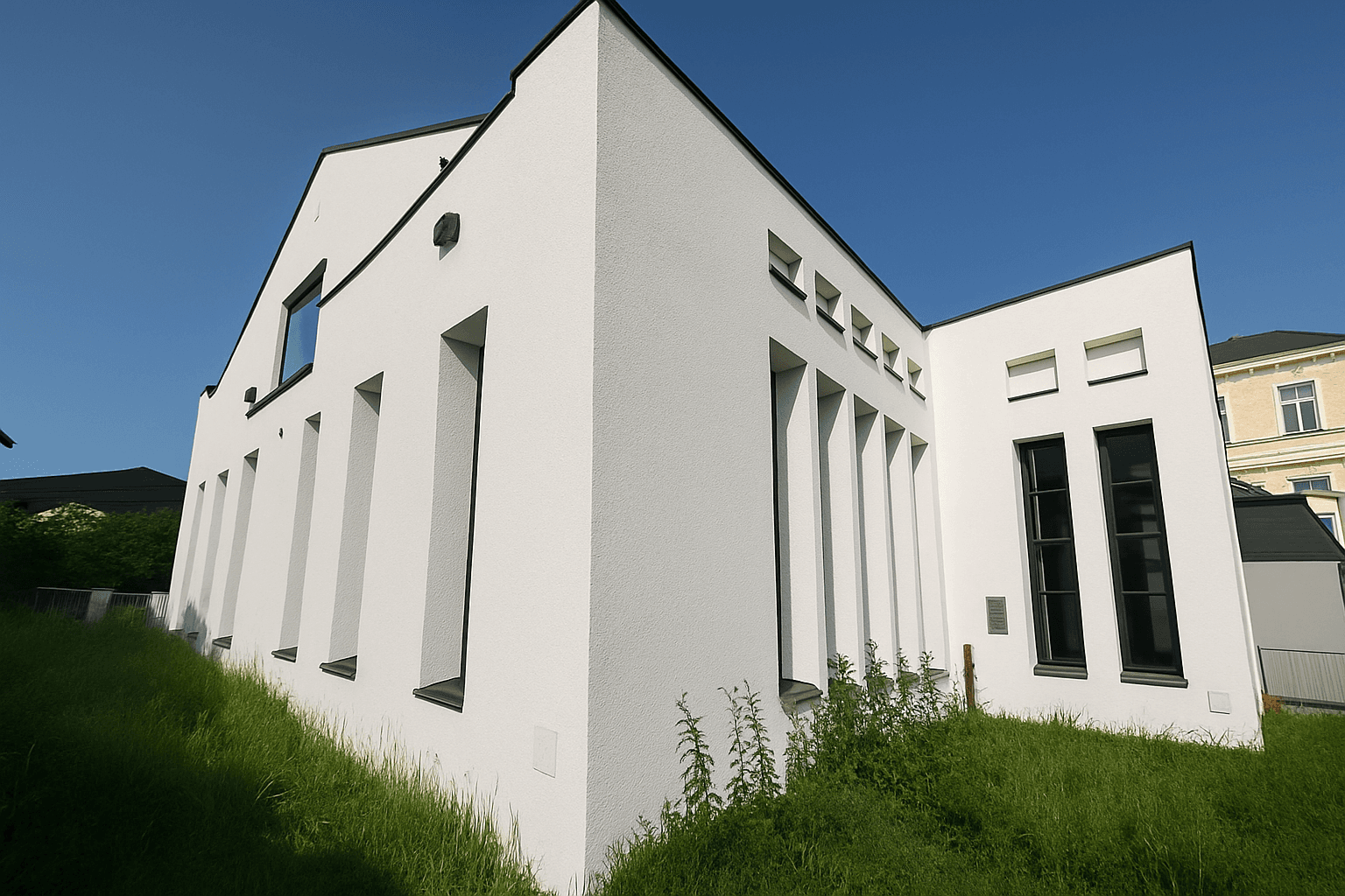 Seitenansicht des modernen weißen Gebäudes mit schmalen Fenstern und einer grünen Böschung.