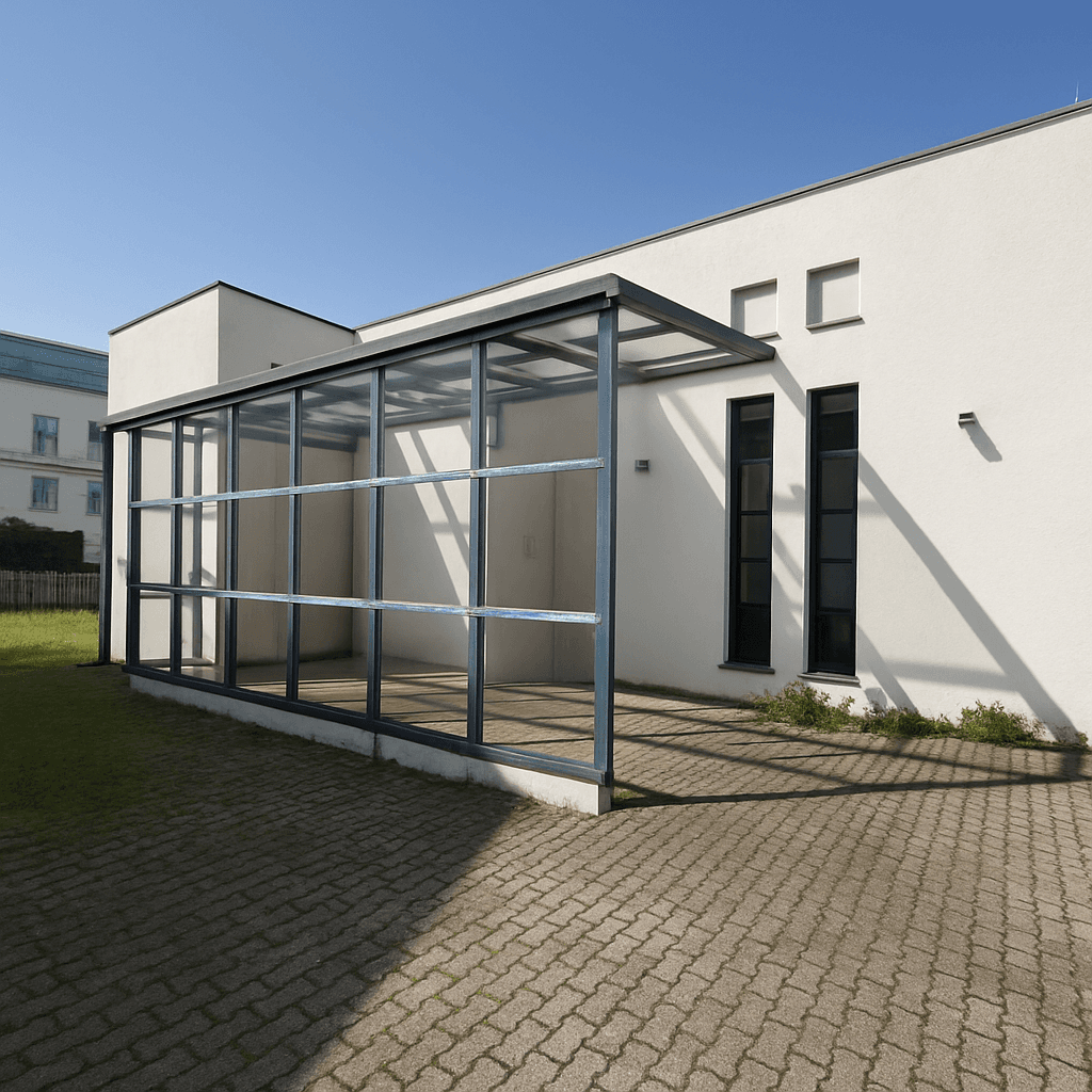Glasüberdachter Anbau am modernen Gebäude mit gepflastertem Bereich unter klarem Himmel.