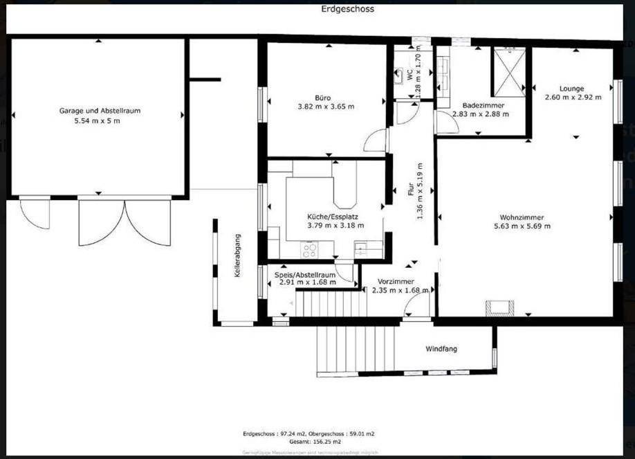 Grundriss des Erdgeschosses mit Garage, Büro, Küche/Essplatz, Wohnzimmer und Bad.