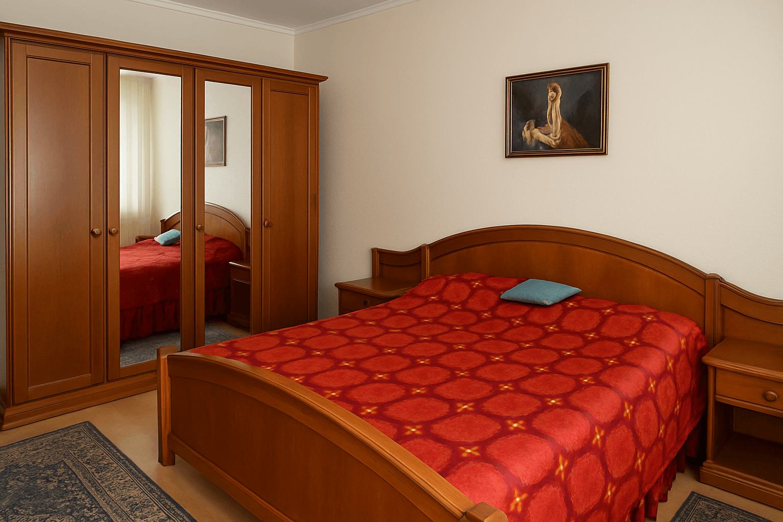 Schlafzimmer mit Doppelbett, Holzmöbeln und einem großen Kleiderschrank mit Spiegeltüren.