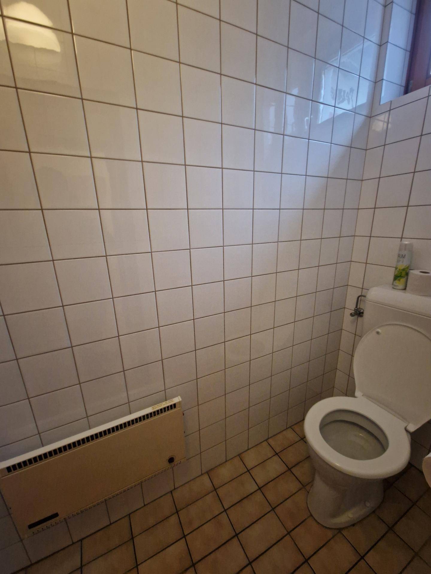 Einfaches WC mit weißen Fliesen, Toilette und Heizkörper, funktional und sauber.
