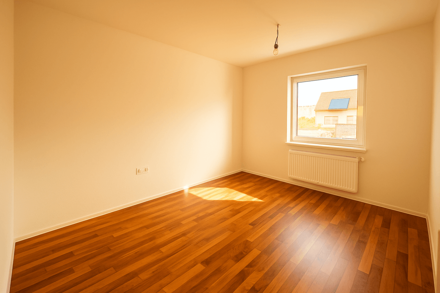 Sonniger Raum mit Laminatboden, weiß gestrichenen Wänden und einem Fenster.